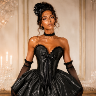 Baroque Noir – Tafta Siyah Couture Mini Elbise