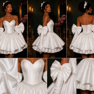 Barok Prenses – Tafta Beyaz Couture Mini Elbise