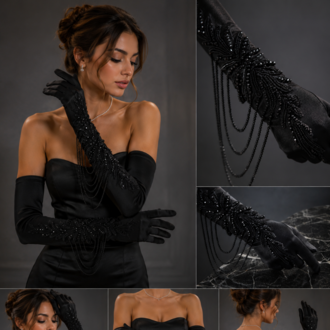 Velvet Noir – El İşlemeli Kadife Uzun Eldiven