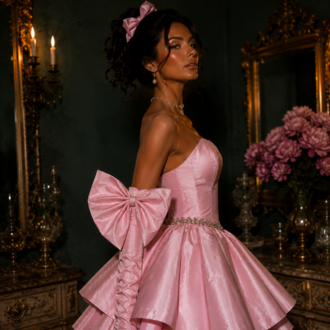 Barok Prenses – Tafta Pembe Couture Mini Elbise