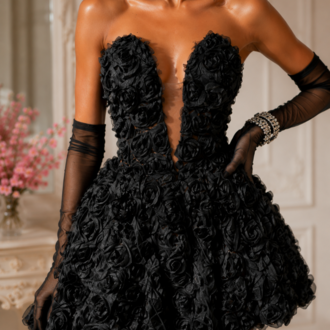 Black Rose – Siyah Üç Boyutlu Gül Aplikli Mini Elbise