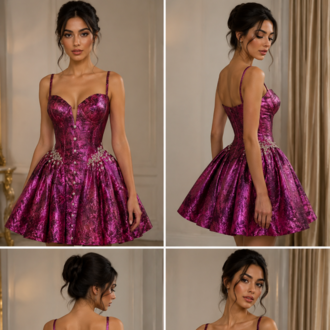 Aurora Magenta – Kristal İşlemeli Fuşya Mini Elbise