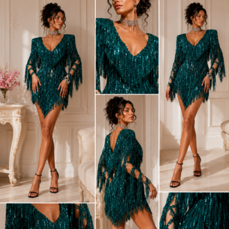 Emerald Dream – Payet Saçaklı Couture Mini Elbise