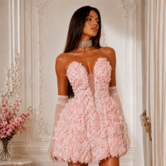 Black Rose – Siyah Üç Boyutlu Gül Aplikli Mini Elbise