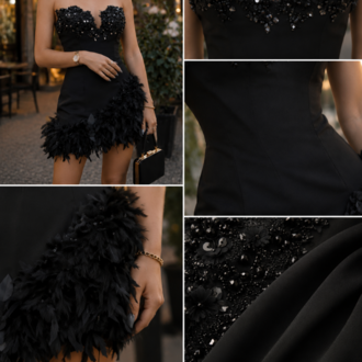 Midnight Blossom – Siyah İşlemeli Tüylü Mini Elbise
