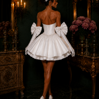 Barok Prenses – Tafta Beyaz Couture Mini Elbise