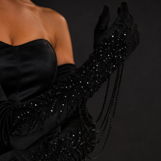 Velvet Noir – El İşlemeli Kadife Uzun Eldiven