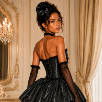 Baroque Noir – Tafta Siyah Couture Mini Elbise