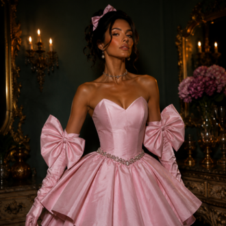 Barok Prenses – Tafta Pembe Couture Mini Elbise