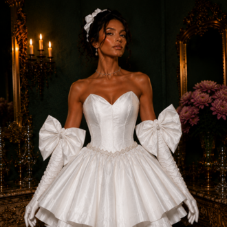 Barok Prenses – Tafta Beyaz Couture Mini Elbise