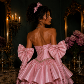 Barok Prenses – Tafta Pembe Couture Mini Elbise