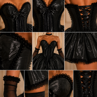 Baroque Noir – Tafta Siyah Couture Mini Elbise