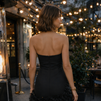 Midnight Blossom – Siyah İşlemeli Tüylü Mini Elbise