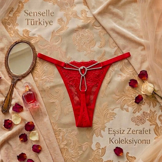 Senselle Premium Kırmızı Dantelli Çapraz Şeritli İp Külot (Thong)