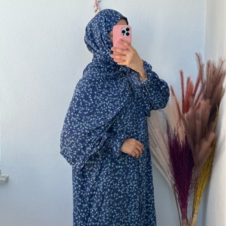 Şal Birleşik Namaz Elbisesi - Mavi Çiçekli