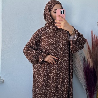 Şal Birleşik Namaz Elbisesi Kahve Çiçekli