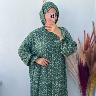 Şal Birleşik Namaz Elbisesi - Yeşil Çiçekli
