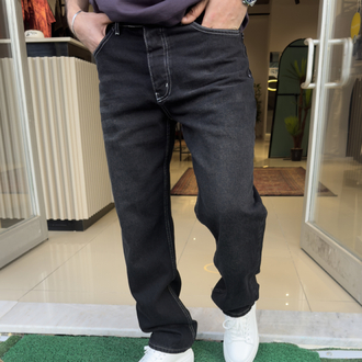 Baggy Taşlamalı Beyaz Dikiş Detaylı Jean Siyah