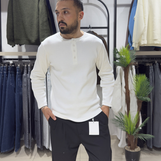 Regular Fitilli Henley Yaka Uzun Kollu Tişört Beyaz