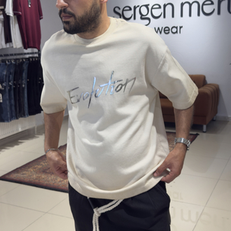 Oversize Silikon Baskı Detaylı Yıkamalı Tişört Bej