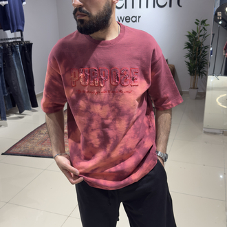 Oversize Yıkamalı Üç İplik Ham Kumaş Desenli Nakışlı Tişört Gül Kurusu 
