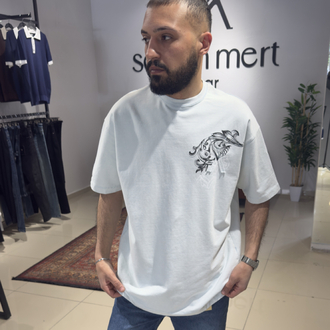 Oversize İki İplik Baskı Detaylı Tişört Buz Mavi 