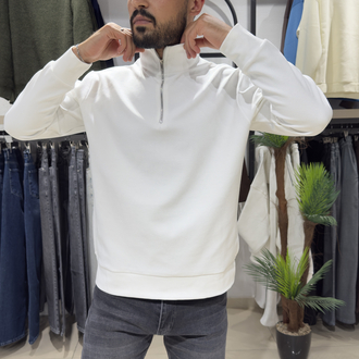 Regular İnterlok Kumaş Yarım Fermuar Sweatshirt Beyaz
