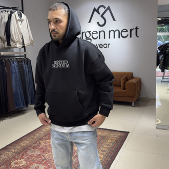 Oversize Baskılı Nakışlı Hoodie Siyah