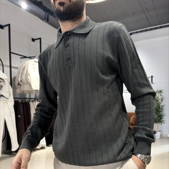 Çizgi Desenli Triko Polo Yaka Haki