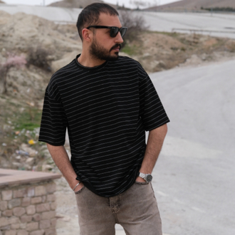 Oversize Çizgili Oysho Kumaş Tişört Siyah 