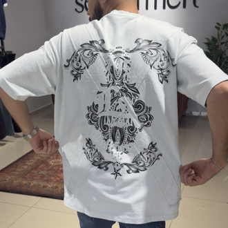Oversize İki İplik Baskı Detaylı Tişört Buz Mavi 