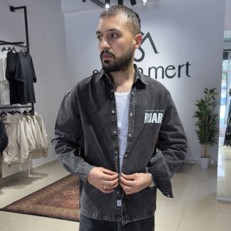 Oversize Baskılı Denim Gömlek Antrasit  