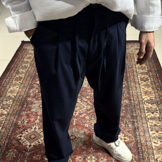 Baggy Pileli Kumaş Pantolon Lacivert