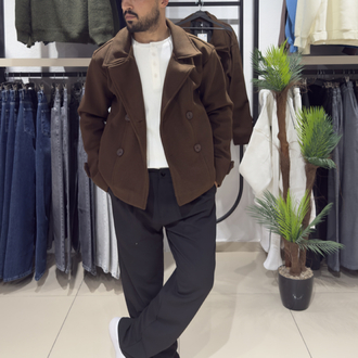 Oversize Kruvaze Kaşe Kaban Kahverengi