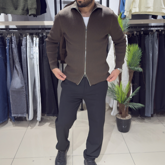 Regular Fit Çift Fermuar Triko Hırka Acı Kahve