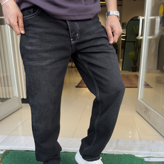 Baggy Taşlamalı Beyaz Dikiş Detaylı Jean Siyah
