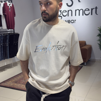 Oversize Silikon Baskı Detaylı Yıkamalı Tişört Bej