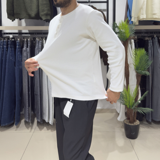 Regular Fitilli Henley Yaka Uzun Kollu Tişört Beyaz