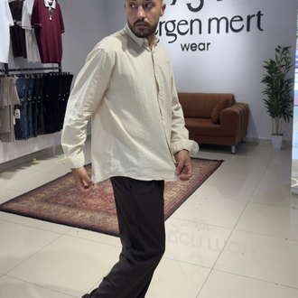 Oversize %100 Pamuk Keten Gömlek Bej