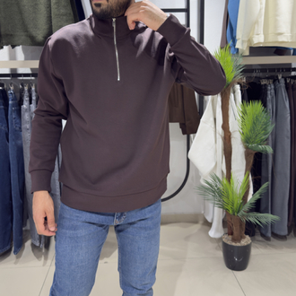 Regular İnterlok Kumaş Yarım Fermuar Sweatshirt Acı Kahve 