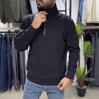 Regular İnterlok Kumaş Yarım Fermuar Sweatshirt Siyah 