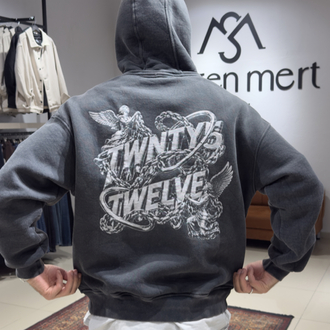 Oversize Yıkamalı Kumaş Baskılı Hoodie Koyu Gri