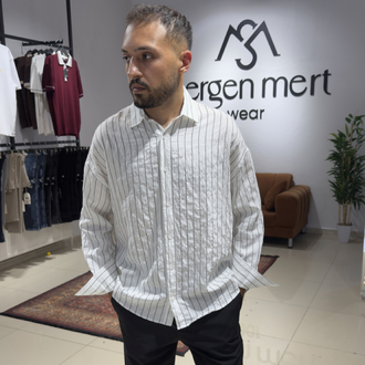Oversize Siyah Çizgili Modal Gömlek Beyaz 