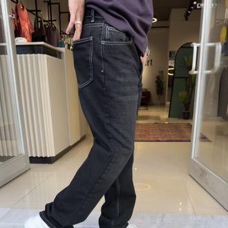 Baggy Taşlamalı Beyaz Dikiş Detaylı Jean Siyah