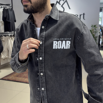 Oversize Baskılı Denim Gömlek Antrasit  