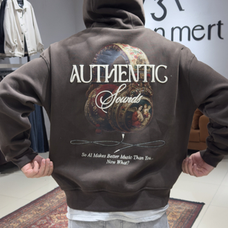 Oversize Fırçalı Kumaş Baskı Nakış İşlemeli Hoodie Acı Kahve 