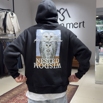 Oversize Baskılı Nakışlı Hoodie Siyah