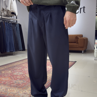 Baggy Pileli Kumaş Pantolon Lacivert  