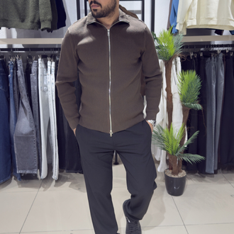 Regular Fit Çift Fermuar Triko Hırka Acı Kahve
