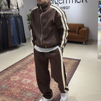 Oversize Şeritli Eşofman Takımı Kahverengi 